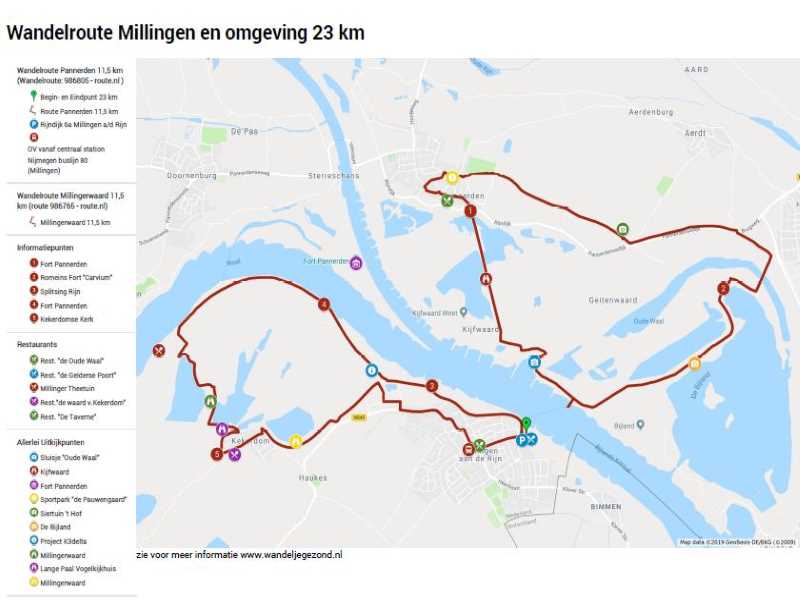 Wandelroute Millingen en omgeving 23 km met legenda