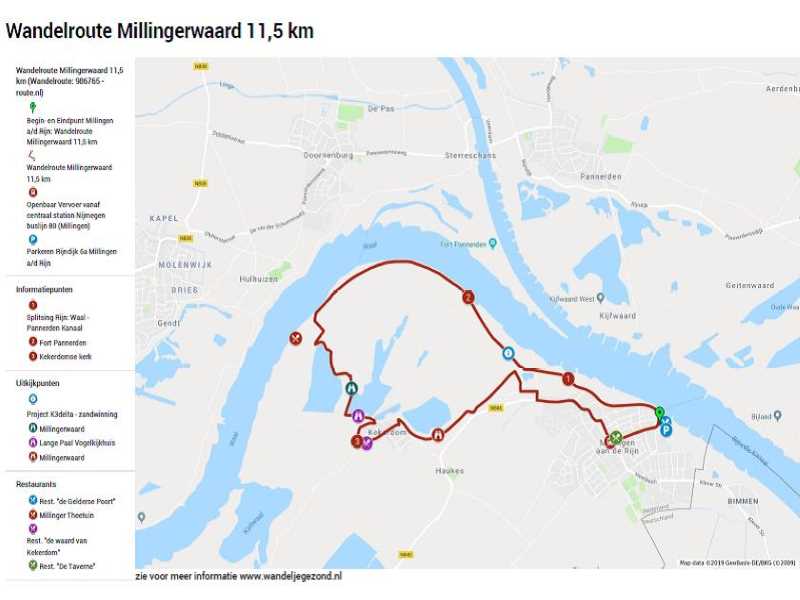 Wandelroute Millingerwaard 11,5 km met legenda