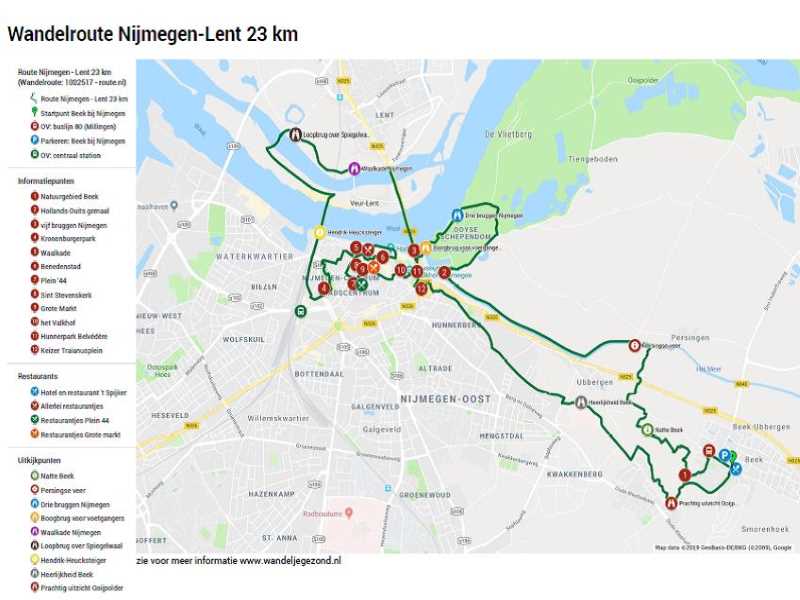 Wandelroute Nijmegen Lent 23 km met legenda